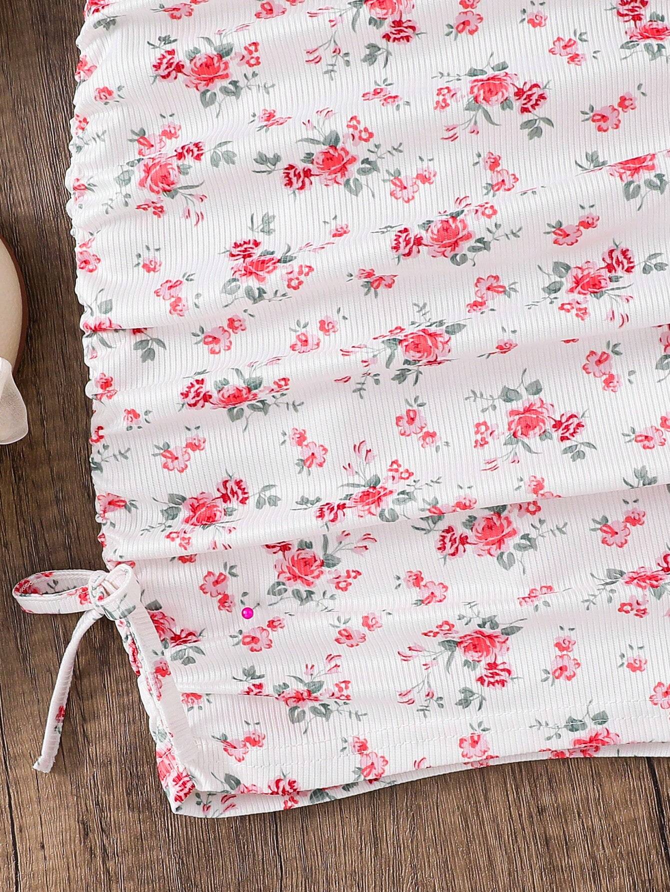Girls White Floral Printed Ruched Bodycon Dress