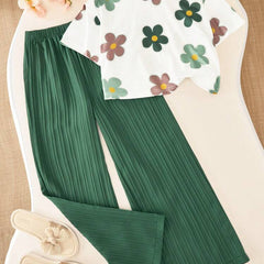 Girls Floral Printed Crop Top with Pleated Wide Leg Pants Co-Ord Set