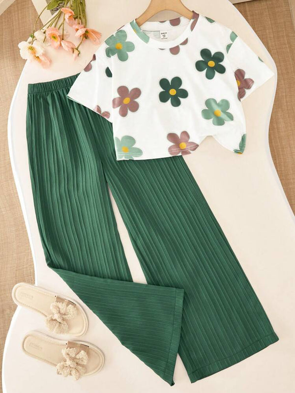 Girls Floral Printed Crop Top with Green Pleated Wide Leg Pants Co-Ord Set