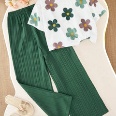 Girls Floral Printed Crop Top with Green Pleated Wide Leg Pants Co-Ord Set