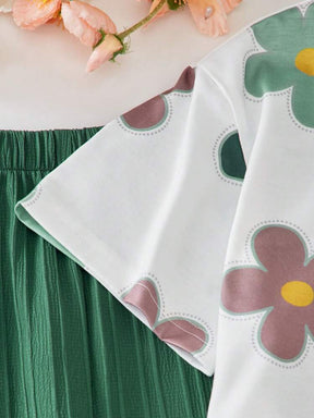 Girls Floral Printed Crop Top with Green Pleated Wide Leg Pants Co-Ord Set