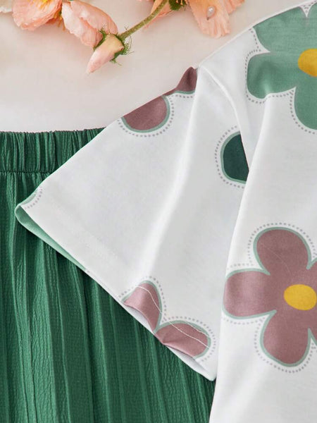 Girls Floral Printed Crop Top with Green Pleated Wide Leg Pants Co-Ord Set