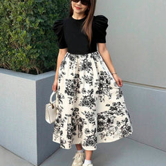 Girls Black Puff Sleeve Top with White Floral Print Midi Dress