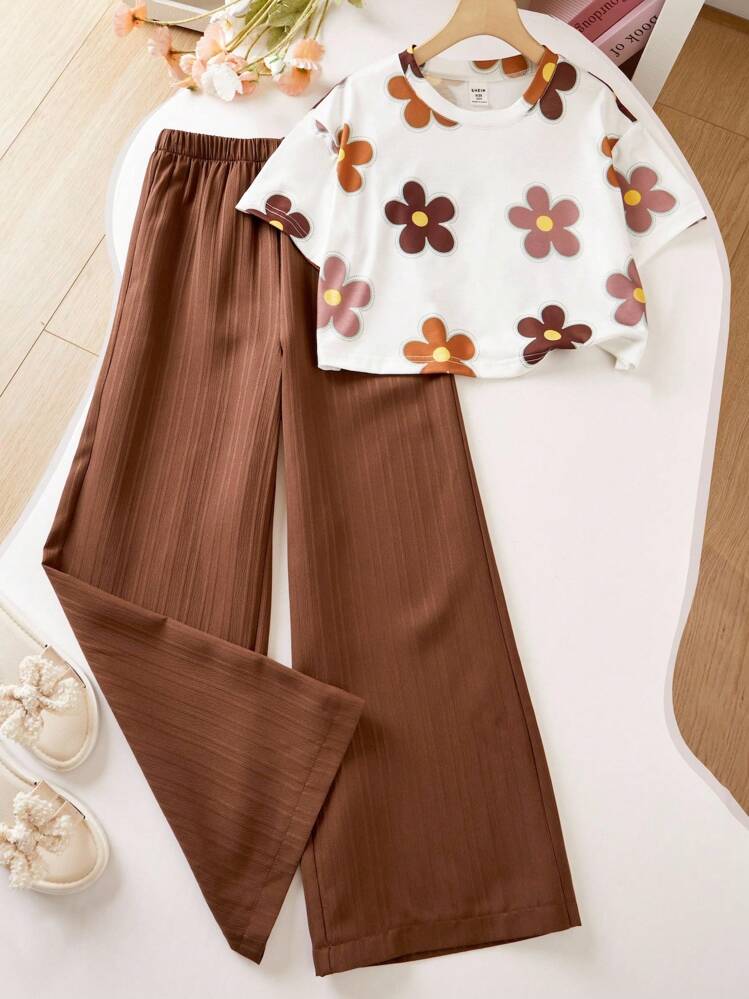 Girls Floral Printed Crop Top with Coffee Pleated Wide Leg Pants Co-Ord Set