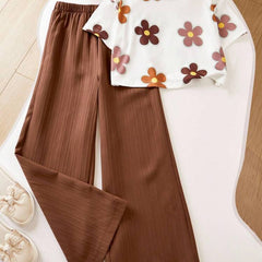 Girls Floral Printed Crop Top with Pleated Wide Leg Pants Co-Ord Set
