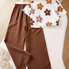 Girls Floral Printed Crop Top with Coffee Pleated Wide Leg Pants Co-Ord Set