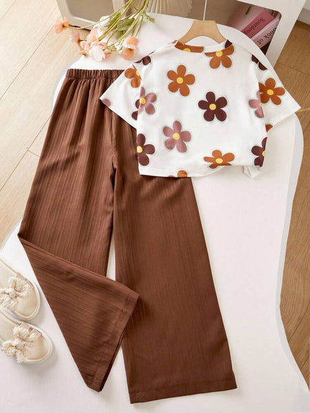 Girls Floral Printed Crop Top with Coffee Pleated Wide Leg Pants Co-Ord Set