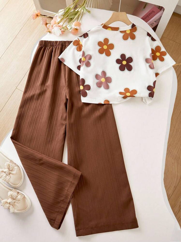 Girls Floral Printed Crop Top with Coffee Pleated Wide Leg Pants Co-Ord Set