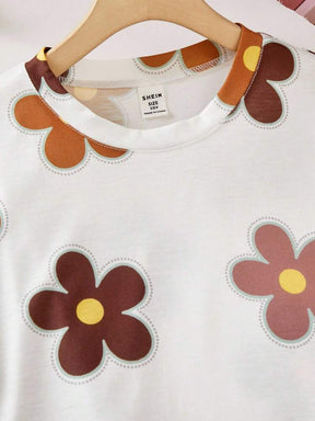 Girls Floral Printed Crop Top with Coffee Pleated Wide Leg Pants Co-Ord Set