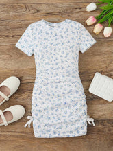 Blue Floral Ruched Girls Bodycon Dress