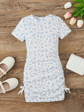 Blue Floral Ruched Girls Bodycon Dress