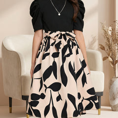 Girls Black Top & Peach Floral Printed Knee Length Dress