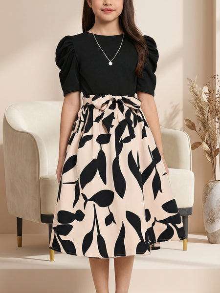 Girls Black Top & Peach Floral Printed Knee Length Dress
