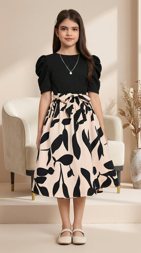 Girls Black Top & Peach Floral Printed Knee Length Dress