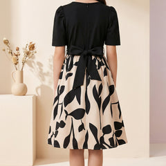 Girls Black Top & Peach Floral Printed Knee Length Dress