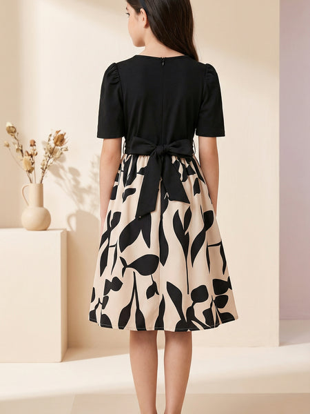 Girls Black Top & Peach Floral Printed Knee Length Dress