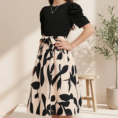 Girls Black Top & Peach Floral Printed Knee Length Dress