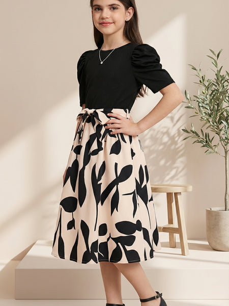 Girls Black Top & Peach Floral Printed Knee Length Dress