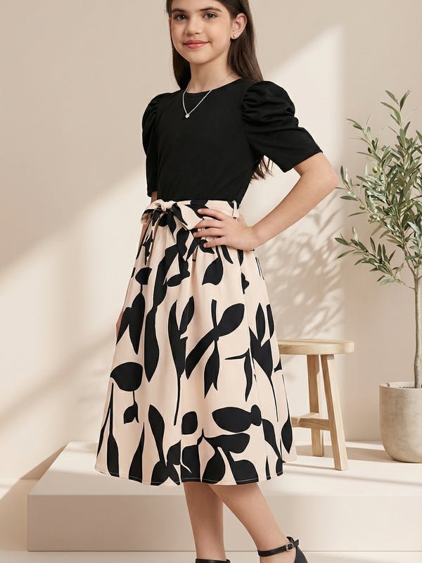 Girls Black Top & Peach Floral Printed Knee Length Dress