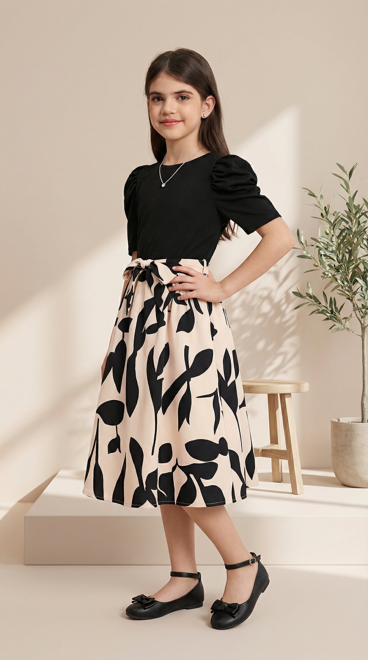 Girls Black Top & Peach Floral Printed Knee Length Dress