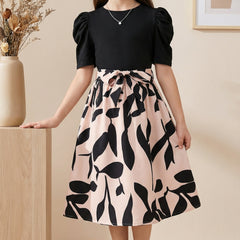 Girls Black Top & Peach Floral Printed Knee Length Dress