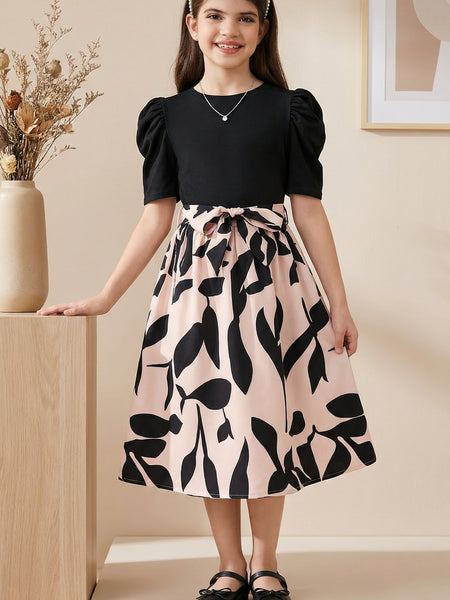 Girls Black Top & Peach Floral Printed Knee Length Dress