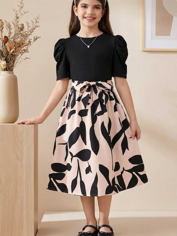 Girls Black Top & Peach Floral Printed Knee Length Dress