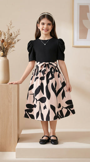Girls Black Top & Peach Floral Printed Knee Length Dress