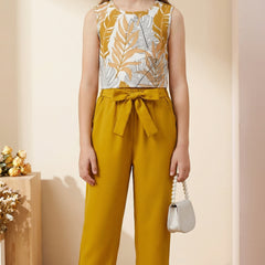 Girls Mustard Yellow Floral Sleeveless Top & Wide Leg Palazzo Pants Set