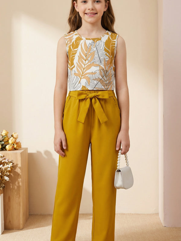 Girls Mustard Yellow Floral Sleeveless Top & Wide Leg Palazzo Pants Set