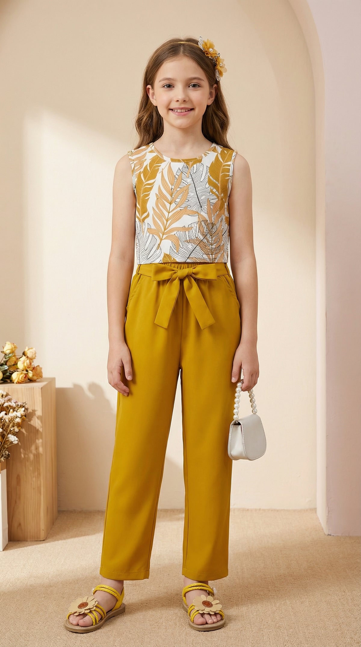 Girls Mustard Yellow Floral Sleeveless Top & Wide Leg Palazzo Pants Set