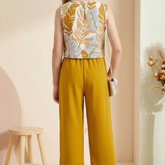 Girls Mustard Yellow Floral Sleeveless Top & Wide Leg Palazzo Pants Set