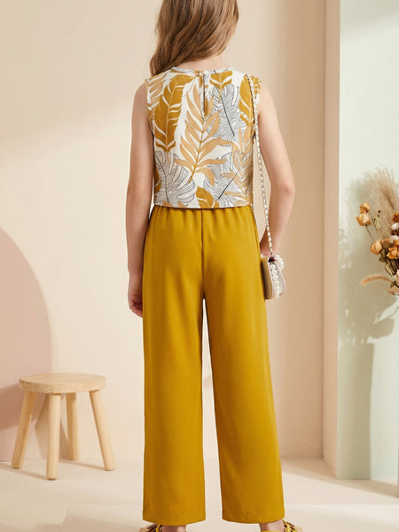 Girls Mustard Yellow Floral Sleeveless Top & Wide Leg Palazzo Pants Set