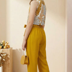 Girls Mustard Yellow Floral Sleeveless Top & Wide Leg Palazzo Pants Set