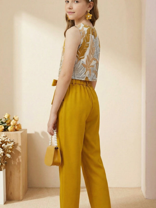 Girls Mustard Yellow Floral Sleeveless Top & Wide Leg Palazzo Pants Set