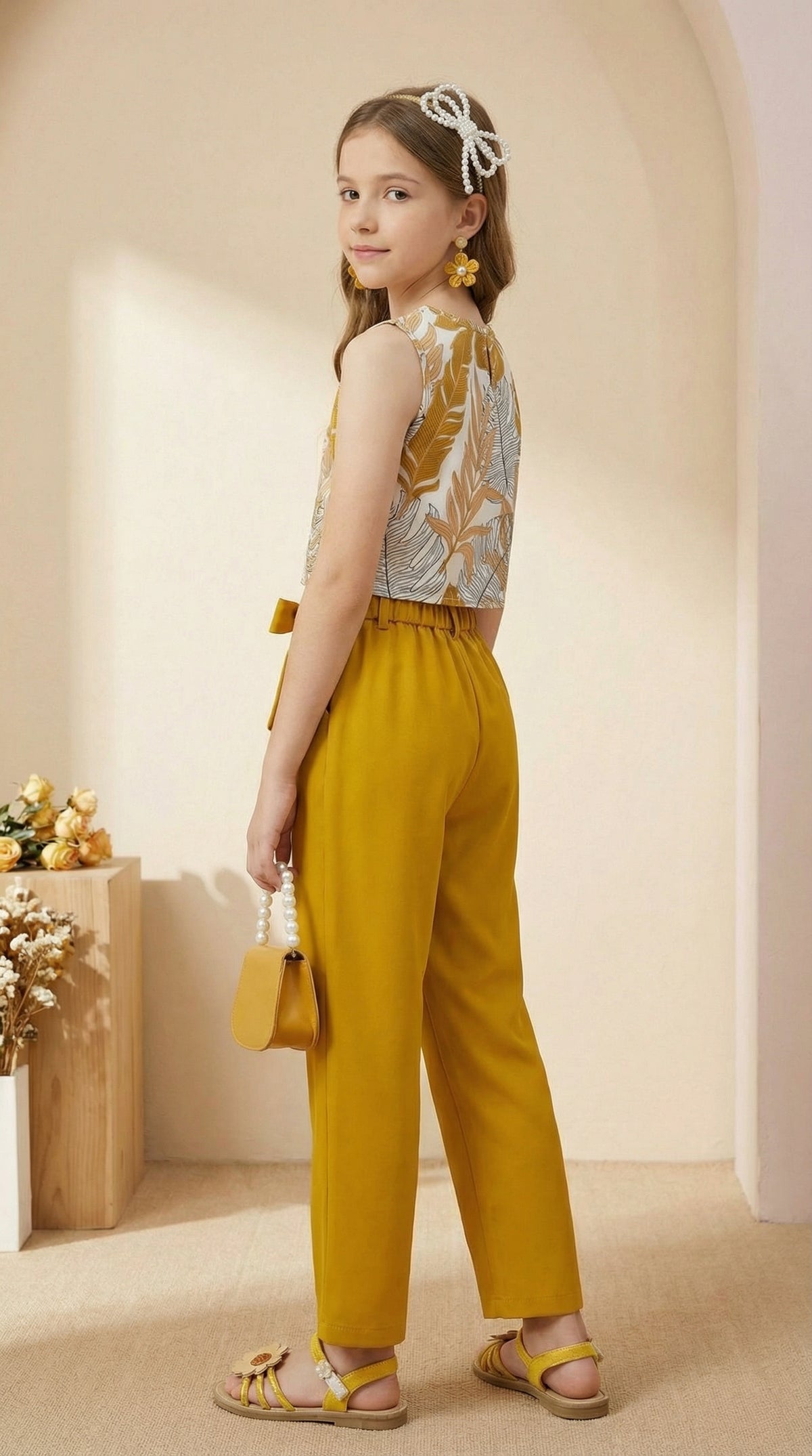 Girls Mustard Yellow Floral Sleeveless Top & Wide Leg Palazzo Pants Set