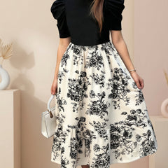 Girls Black Puff Sleeve Top & Floral Printed Flared Midi Dress