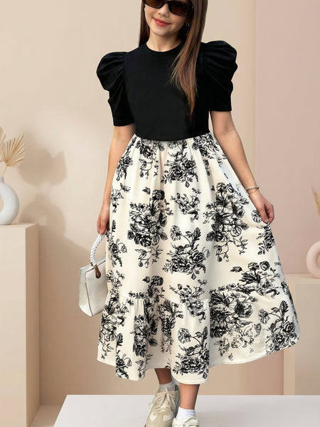 Girls Black Puff Sleeve Top & Floral Printed Flared Midi Dress