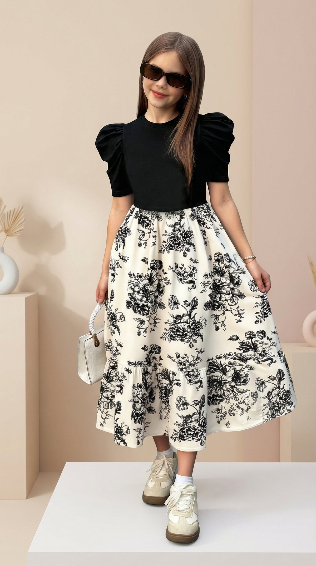 Girls Black Puff Sleeve Top & Floral Printed Flared Midi Dress