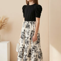 Girls Black Puff Sleeve Top & Floral Printed Flared Midi Dress