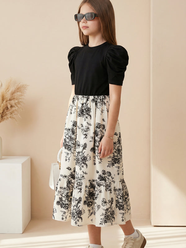 Girls Black Puff Sleeve Top & Floral Printed Flared Midi Dress