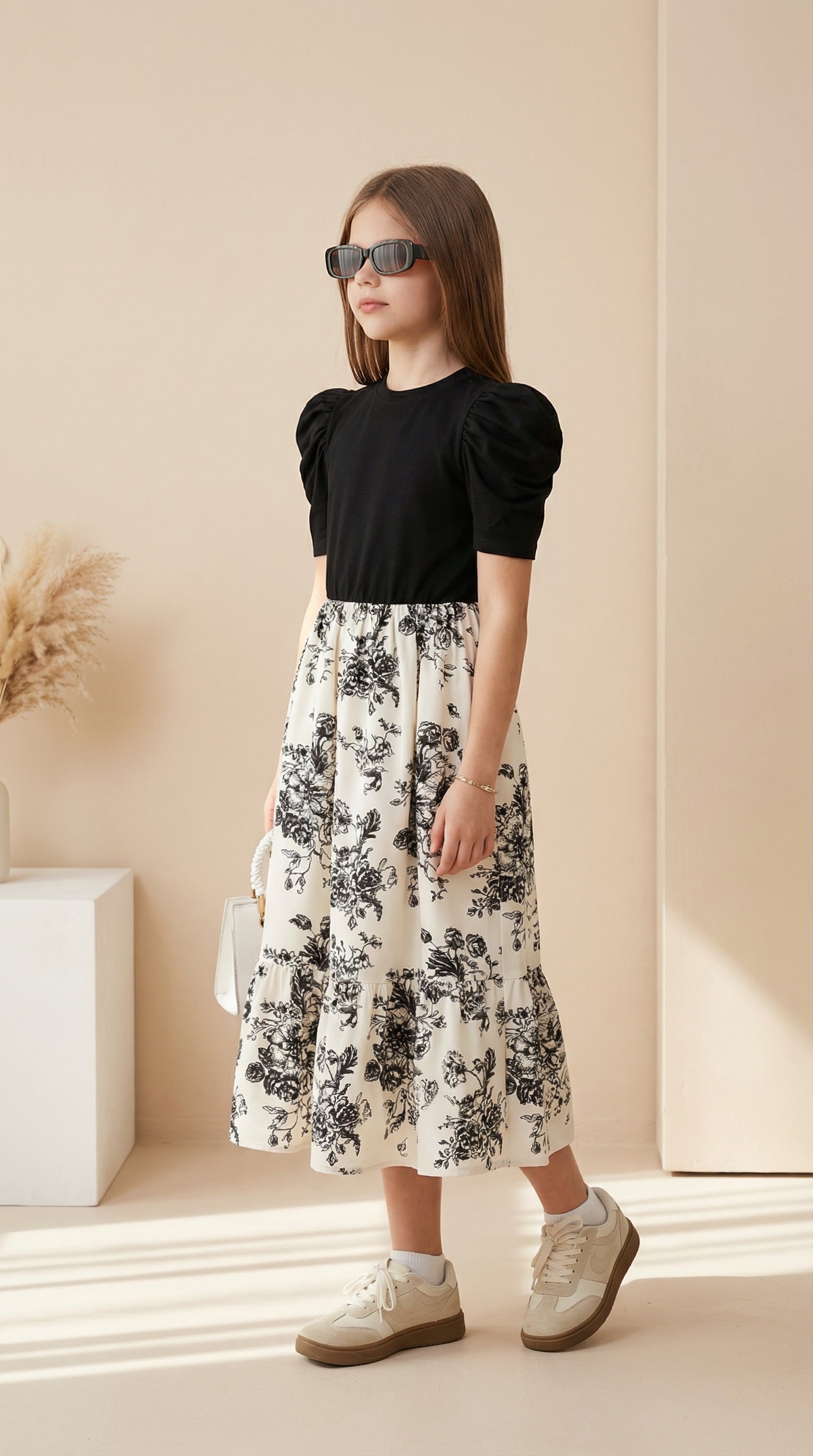 Girls Black Puff Sleeve Top & Floral Printed Flared Midi Dress