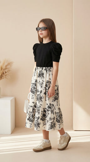 Girls Black Puff Sleeve Top & Floral Printed Flared Midi Dress
