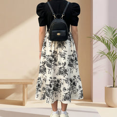 Girls Black Puff Sleeve Top & Floral Printed Flared Midi Dress