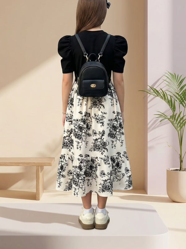 Girls Black Puff Sleeve Top & Floral Printed Flared Midi Dress