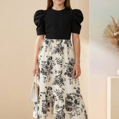 Girls Black Puff Sleeve Top & Floral Printed Flared Midi Dress