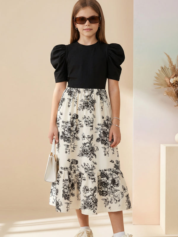 Girls Black Puff Sleeve Top & Floral Printed Flared Midi Dress