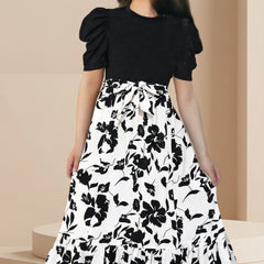 Girls Black & White Floral Maxi Dress with Puff Sleeves