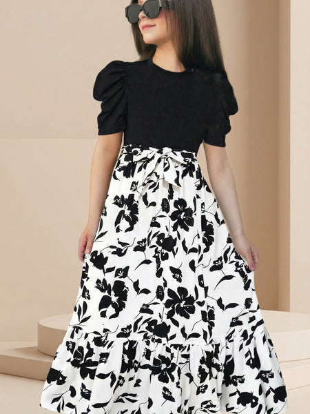 Girls Black & White Floral Maxi Dress with Puff Sleeves