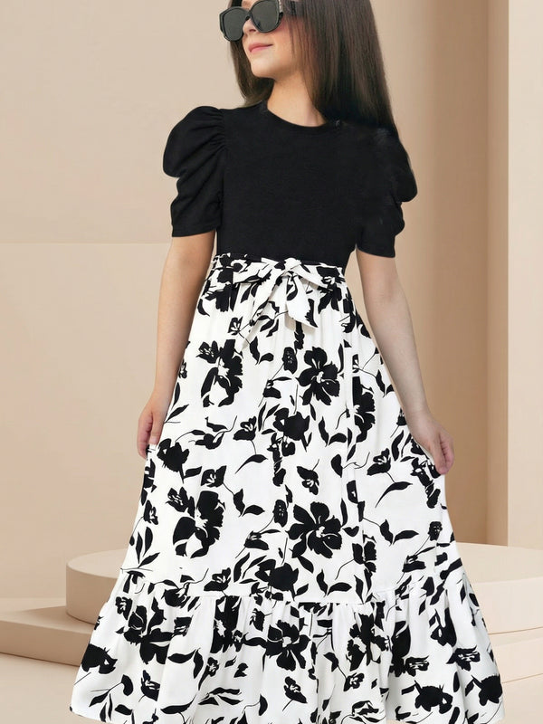 Girls Black & White Floral Maxi Dress with Puff Sleeves